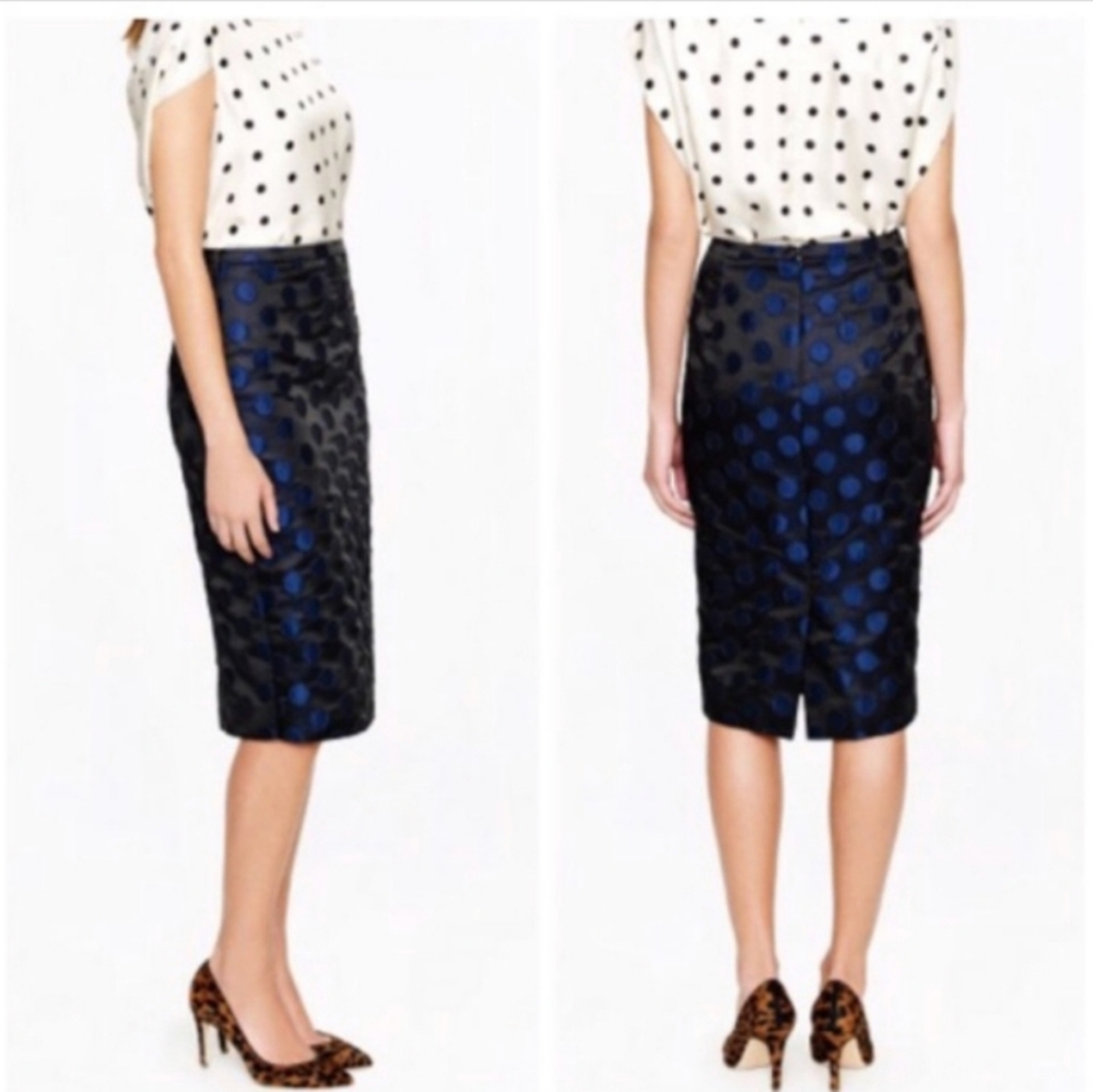 J. CREW Metallic Blue Black Polka Dot Pencil Skirt